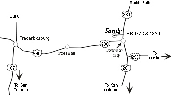 Note, the 281 road sign only says Sandy, which is 7 miles out RR 1323 from the 281 intersection. Our road is RR 1320 which begins at Sandy.